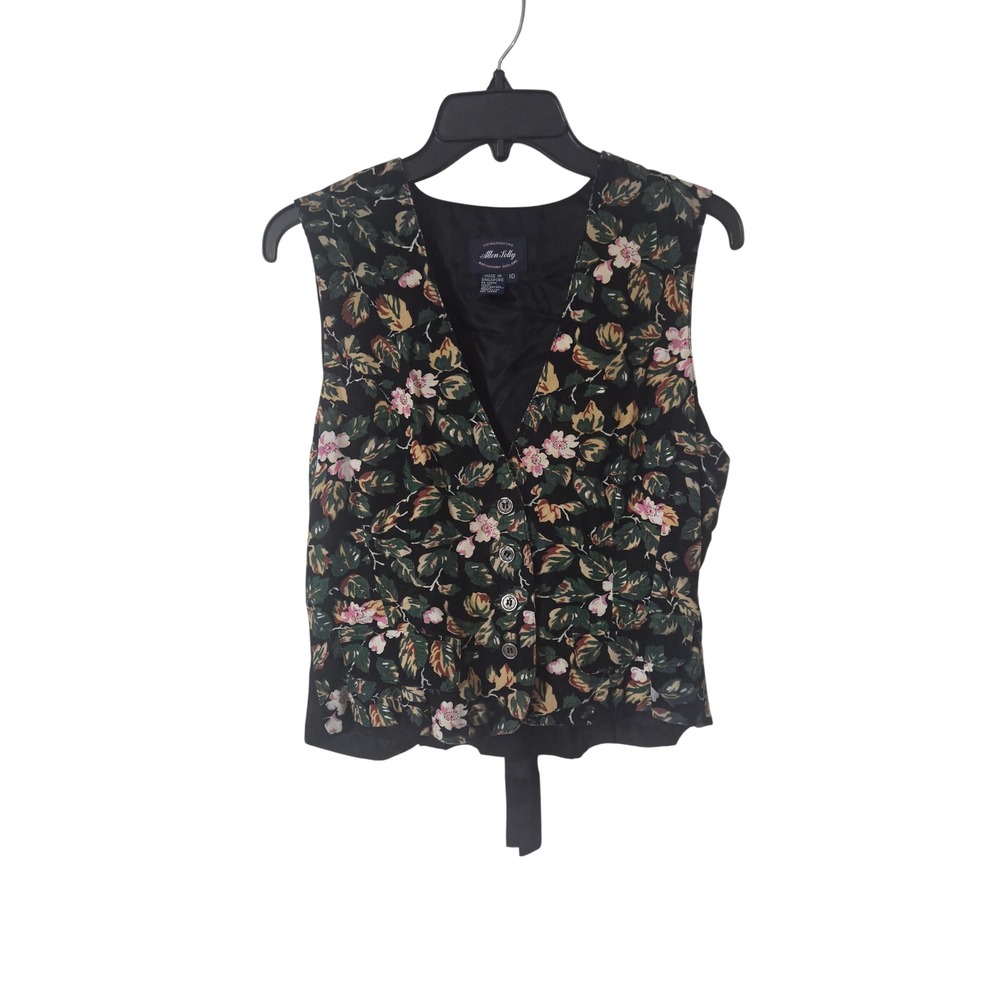 Allen Solly Vintage Floral Waistcoat Vest 10 Black Cotton Rayon Cinch Back